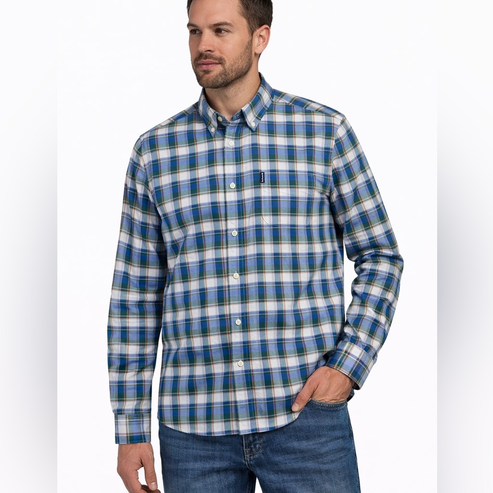 Barbour Shirt Men's M Blue Plaid Warren Tailored‎ Fit Long Sleeve Button Down